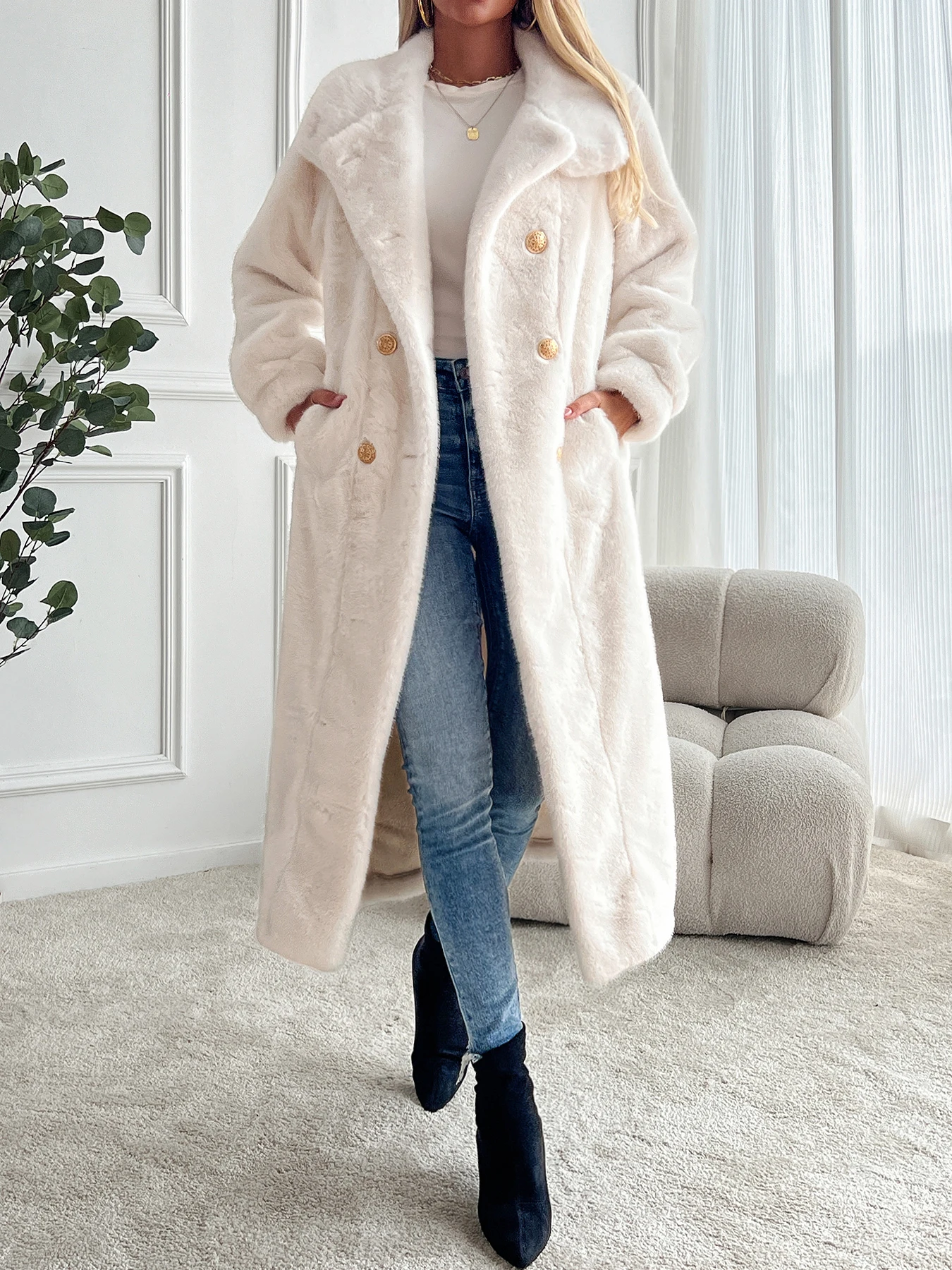 Faux fur coat long coat women's lapel double-breasted loose warm high-end atmospheric coat jacket 24 autumn and winter new