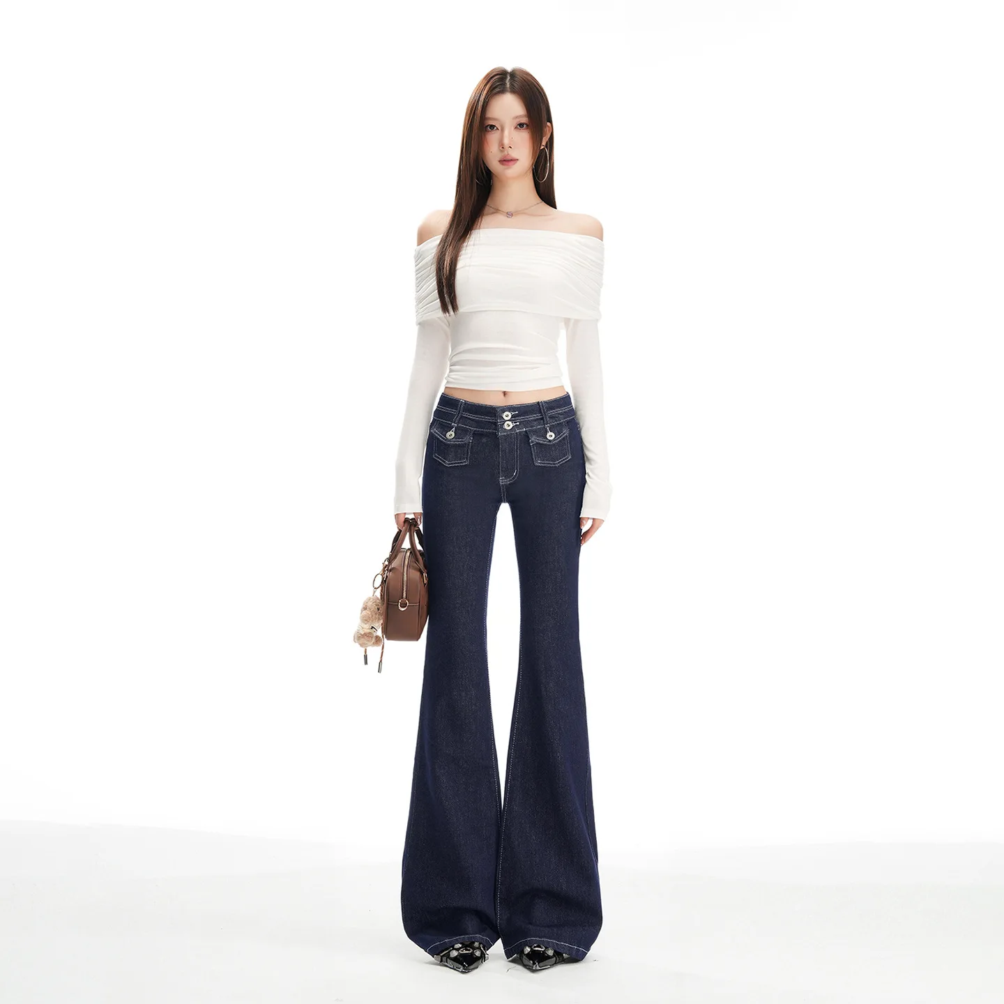 Dark Blue Low Waist Jeans For Women, Autumn Design, Stretchy Hot Girl Flared Floor-Length Pants