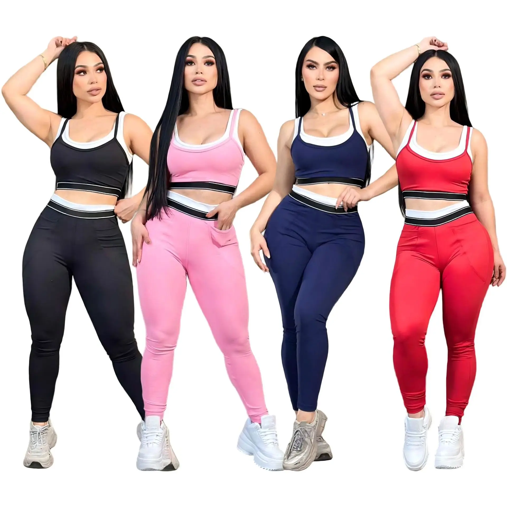 Women's Gym Clothing Color-Block Yoga Suit High-Waist Outdoor Casual Versatile Fitness Sports Sets 2 Pieces Set