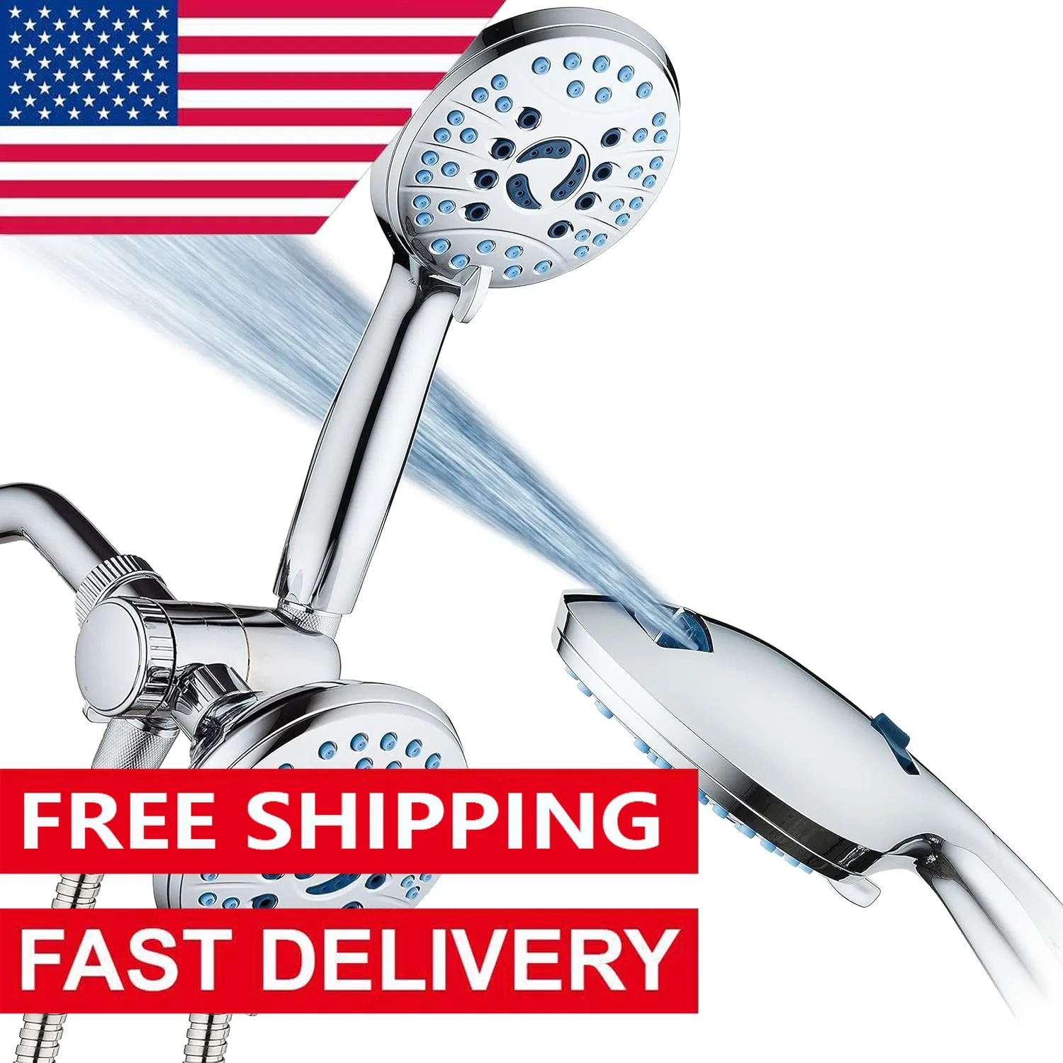 High Pressure 48-setting Rain & Handheld 3-way Shower Head Combo - Anti-clog Nozzles/Tub, Tile & Pet Power Wash/Extra Long 6 ft.