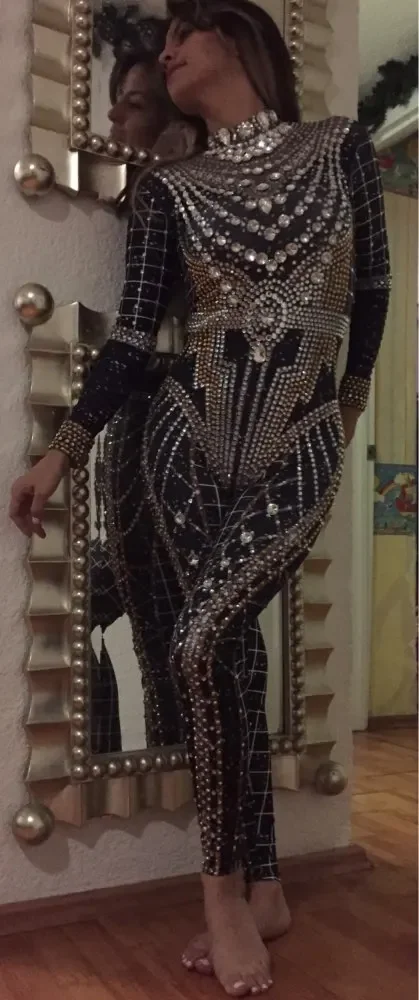Sparkly Rhinestones Crystal Jumpsuit Women Long Sleeve Spandex Nightclub Bar Prom Party Outfit Singer Jazz Dance Stage Costume