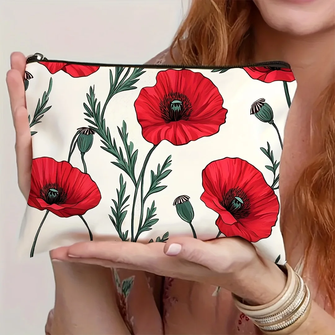 1Pc Warm and Cozy Poppy Flower Retro Design Multifunctional Travel Makeup Bag, Snack Storage Bag, Stationery Storage Bag, Fashionable Toiletry Bag, Canvas Double-Sided Printed Zipper Pouch