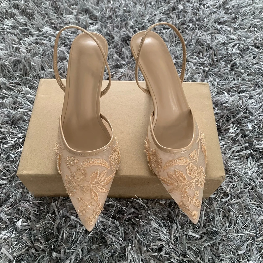 Luxury Brand High Heels Women Sandals Mesh Embroider Elegant Pointed Ladies Slingback Evening Party Wedding Bridal Dress Shoes image 3