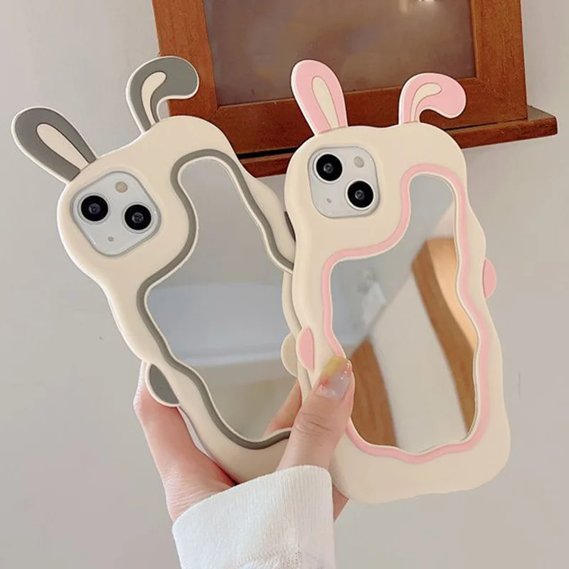 

Phone Case For iphone 14 13 12 11 8 7 6 6s Pro Max Plus New Korean INS 3D Pink/Gray Rabbit Ears Makeup Mirror Protective Cover