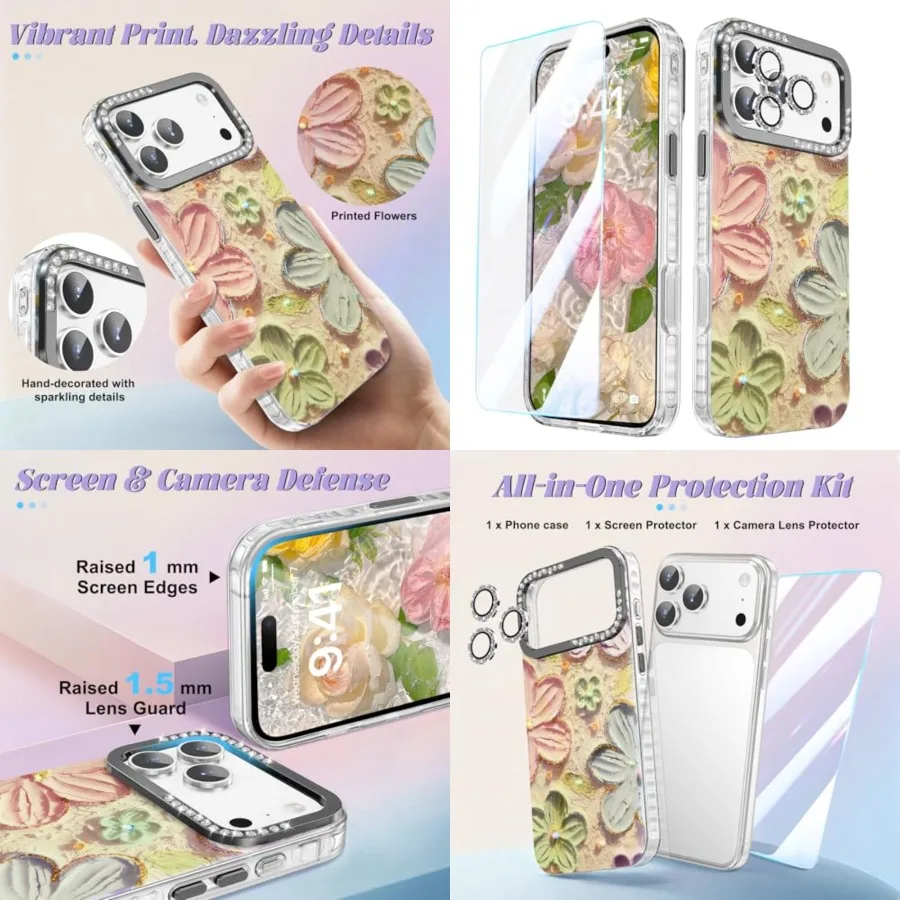 

Compatible with Case 6.3''[2025], Oil Painting Printed Flower Laser Rhinestones Glossy Pattern, Durable Protective Stylish Cute