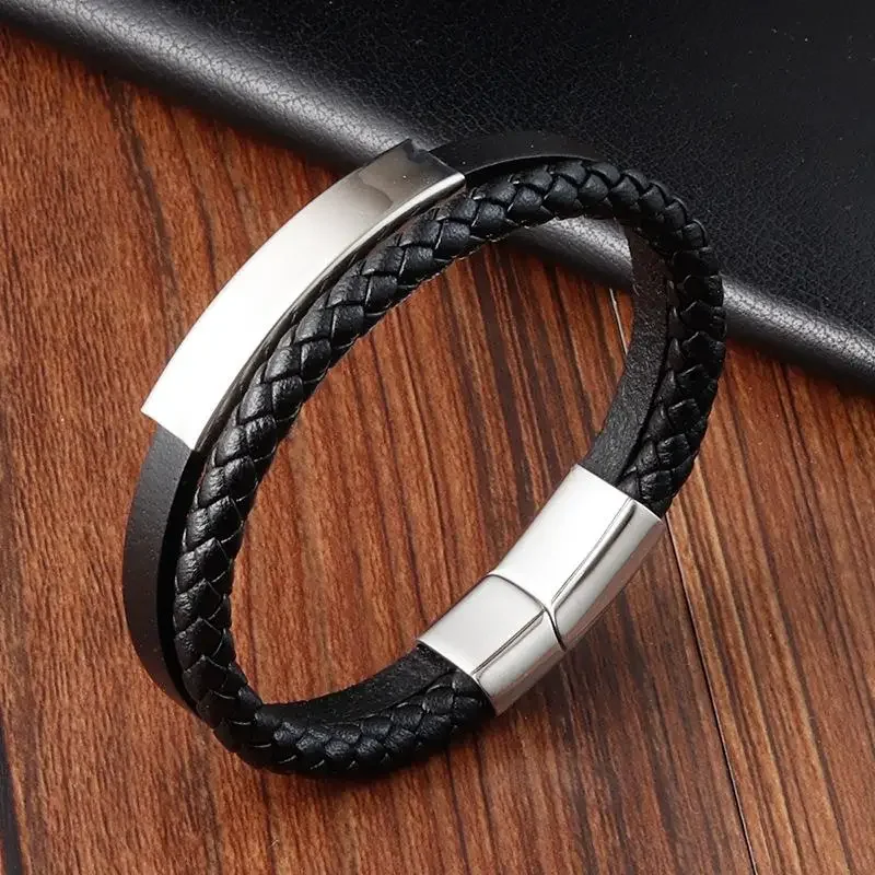 Vintage men's black genuine leather bracelet classic stainless steel double-layer braid bracelets bangles for men jewelry gift