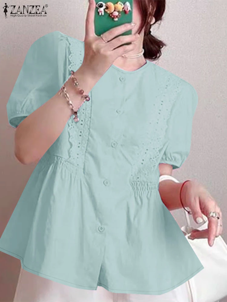 ZANZEA Manica corta a sbuffo Camicette abbottonate Elegante O-Collo Tinta unita Camicie casual Moda coreana Lace Trim Donna Chemise Femme