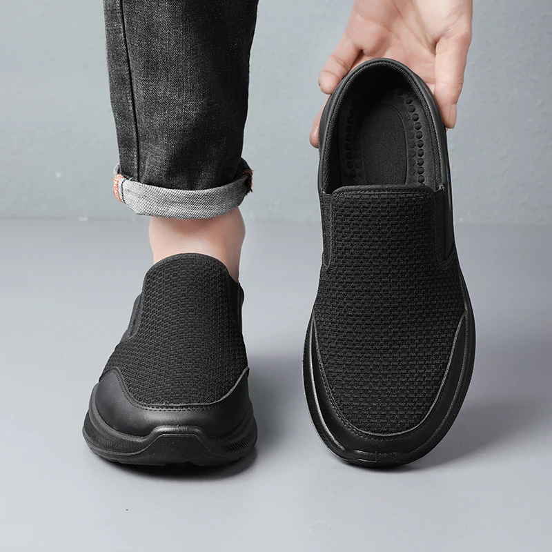 Simple Minimalist Men Mule Trainers, Perforated Grid Knit Breathable Surface, Wrapped Protective Toe Overlay Lightweight Slip-On