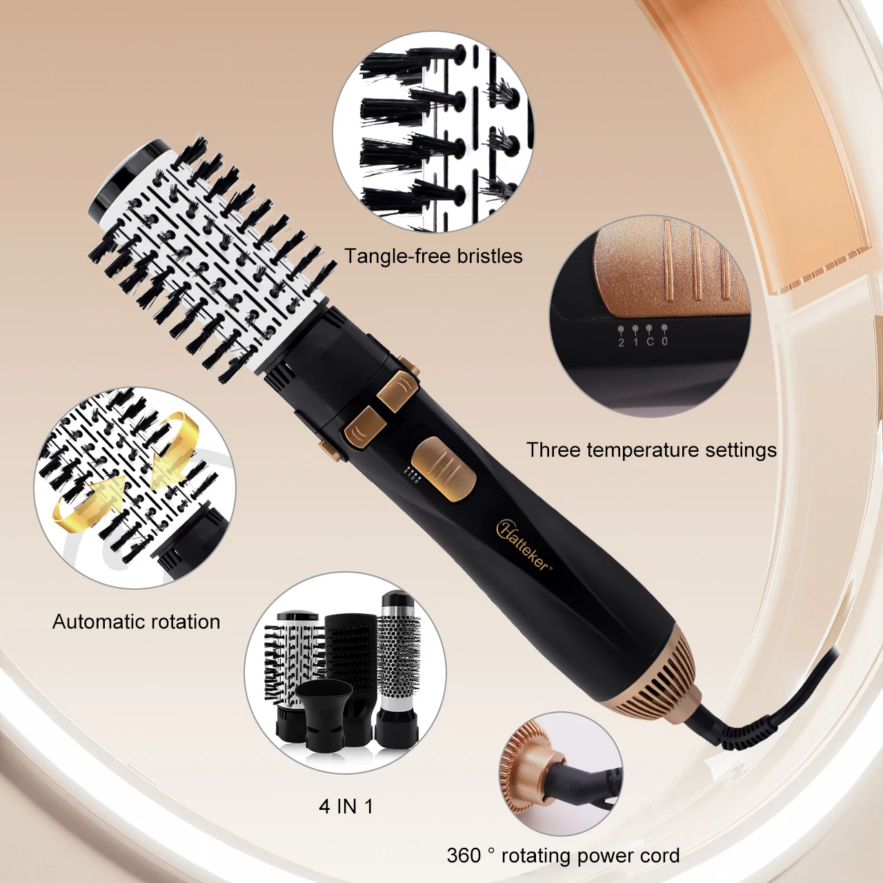 Hatteker 4-in-1 EU Electric Hot Air Comb Styling Comb for Women Anion Heating Hair Straightening Brush for Straight And Curly