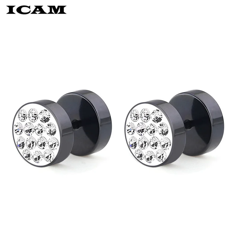 ICAM Punk Hip Hop Rock Round Color Boy Dumbbell Stud Earrings Stainless Steel CZ Crystal Earrings Jewelry For Women Men Gifts