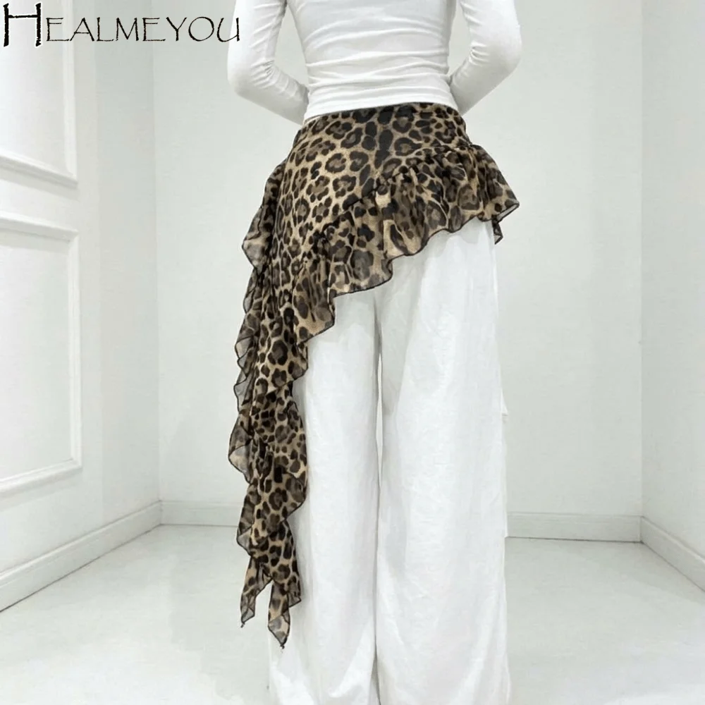 

Solid Color Butt Curtain Skirt High Waist Leopard Print Ruffles Trim Butt Curtain Irregular Hem Waist Scarf Mini Apron Women