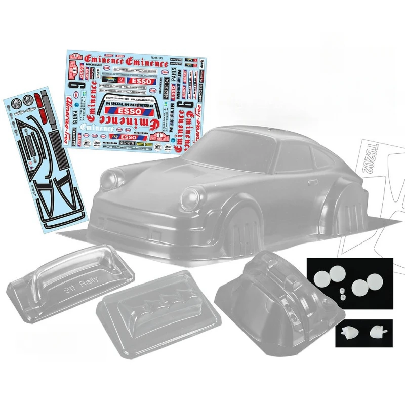 

Scale 1/10 Porschee 1982 Clear Body shell W/Rear spoiler +Light Buckles / Mirrors and decals for RC Rally car Tamiya tt02 tt01