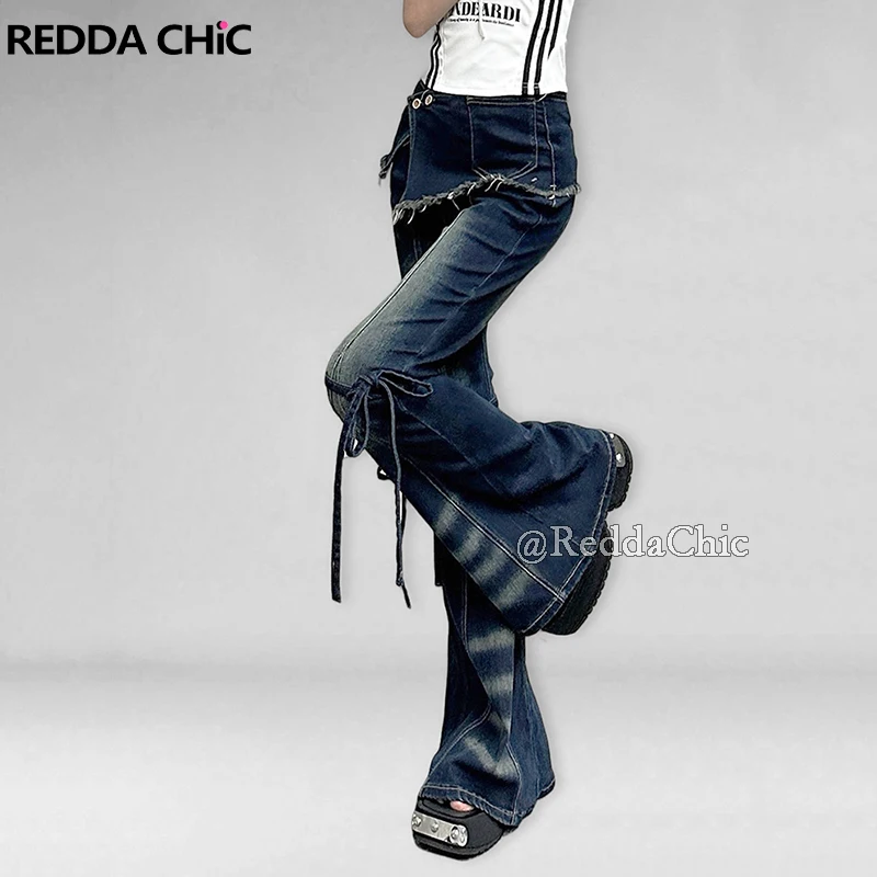 

REDDACHiC Dark Blue Bowknot Bootcut Denim Pants with Coverups Bandage Stretchy Low Rise Tight Jeans Vintage Y2k Women Streetwear