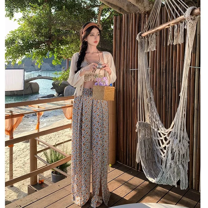 Women Bohemian Tropical Wide Leg Pants Lady Summer Beach Holiday Loose Print Trouser Female Travel Relax Cool Feeling  Pantaloni