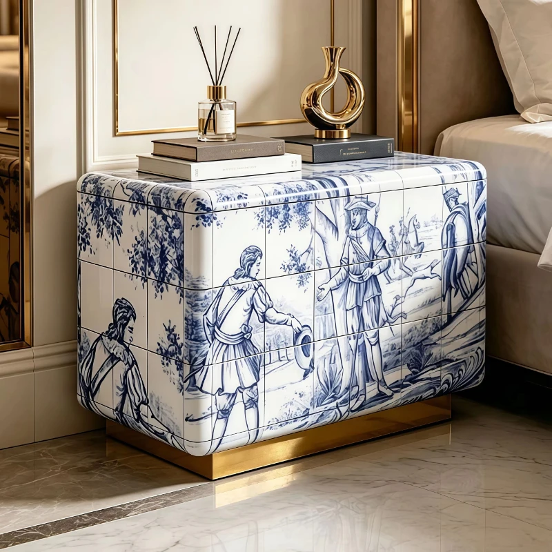 Modern solid wood environmentally friendly and durable bedside table Stainless steel decorative blue