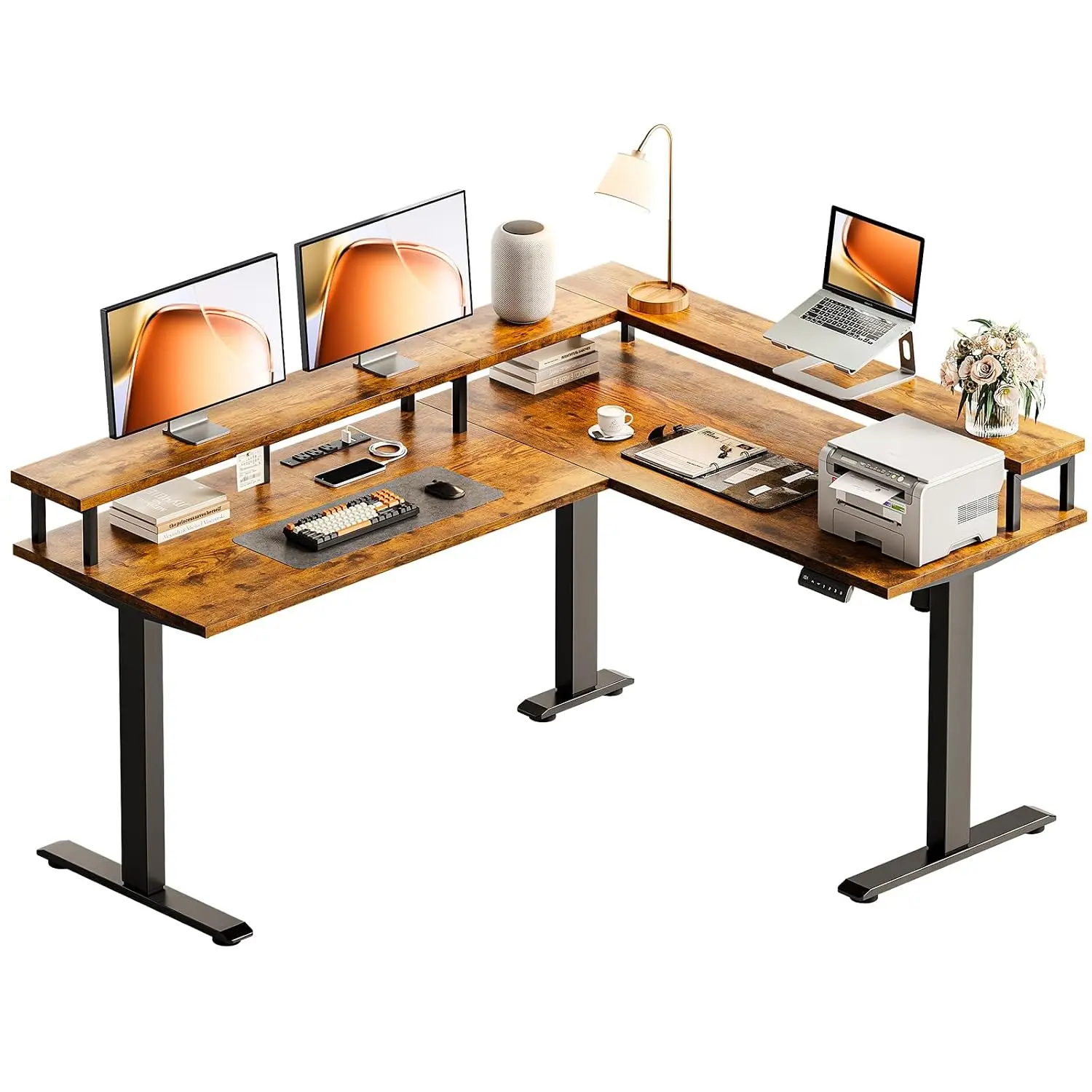 Electric L Shaped Standing Desk 59 Inch Height Adjustable with Power Outlets & Monitor Stand Reversible Corner Home Office Compu