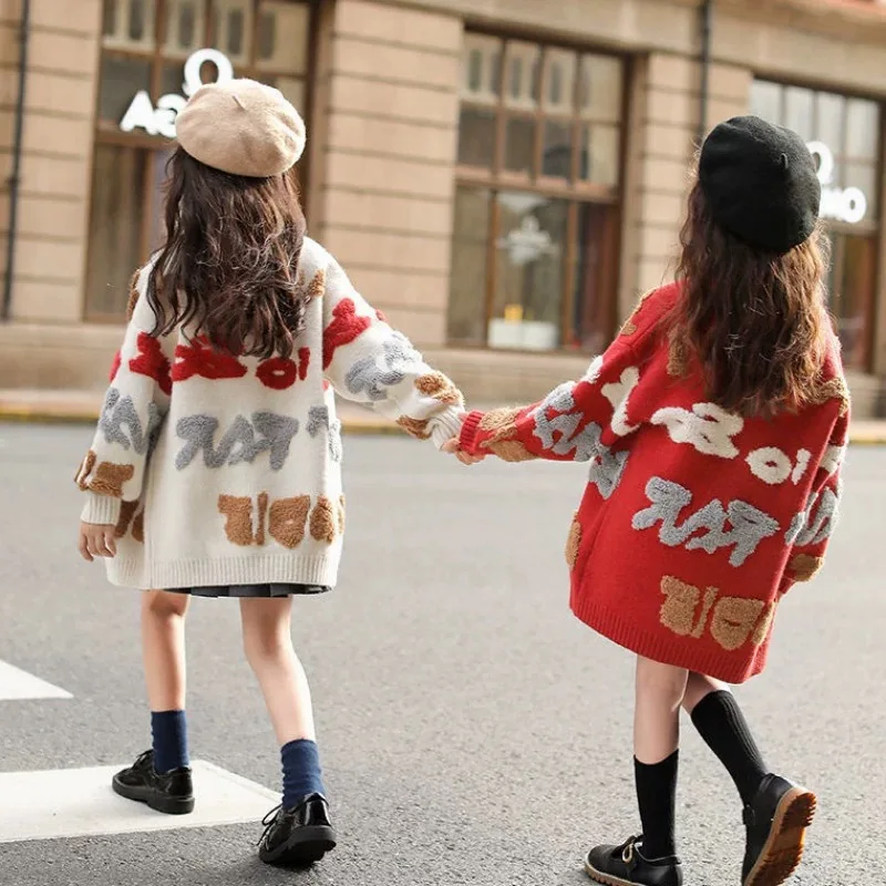 

Girls Clothing Knit Cardigan Sweaters Letters Embroidered Sweater Coats Loose Thicken Long Cardigan Knitwear Overcoat Print Kids