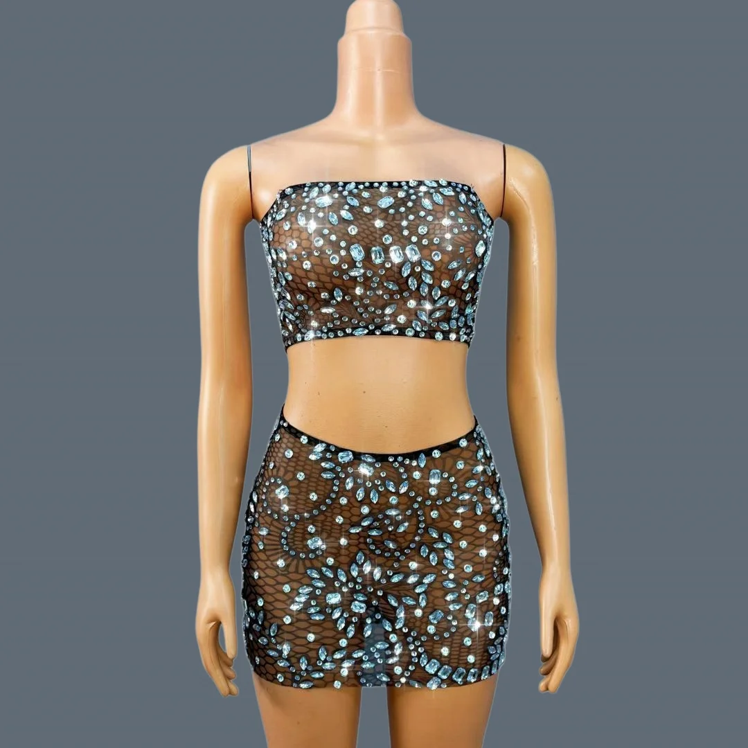 

Sparkly Rhinestone Mesh 2Piece Set Strapless Crop Top Mini Skirt Sheer Mesh Outfit Women Party Drag Queen Stage Costume Cixiuhua