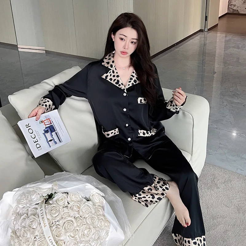 

2025 Autumn Winter Black Ice Silk Pajamas Women TikTok Fashion Leopard Print Long Sleeve Pants Two Piece Set Nightwear Sleepwear