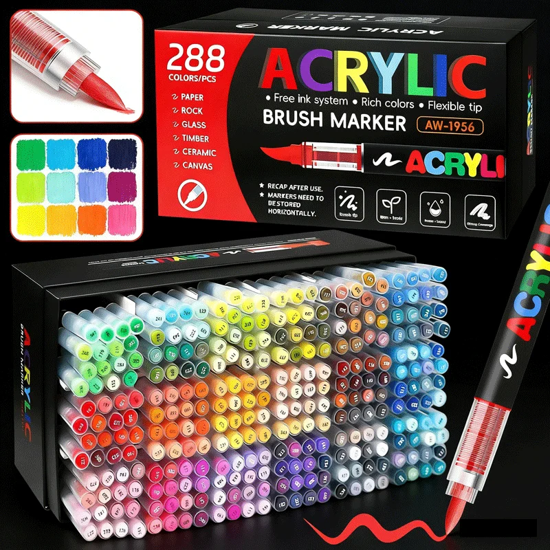 

Набор акриловых маркеров 12-408 цветов с гибким наконечником-кистью для рисования на камне, дереве, холсте, стекле, камне. Художественные принадлежности.