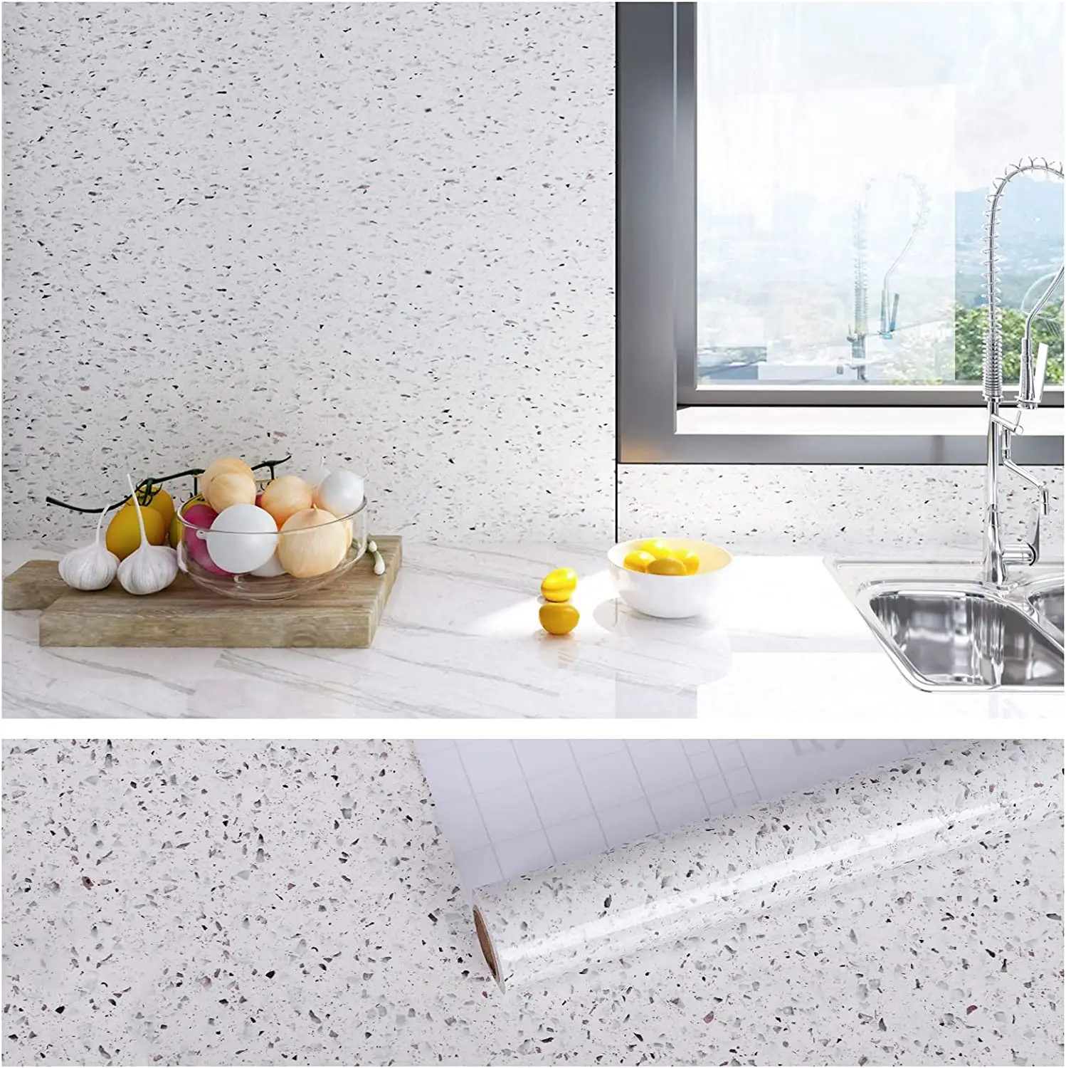 

Waterproof Oil-Proof Off-white Terrazzo Wallpaper Contact Paper PVC Self Adhesive Bathroom Kitchen Countertop Home Improvement