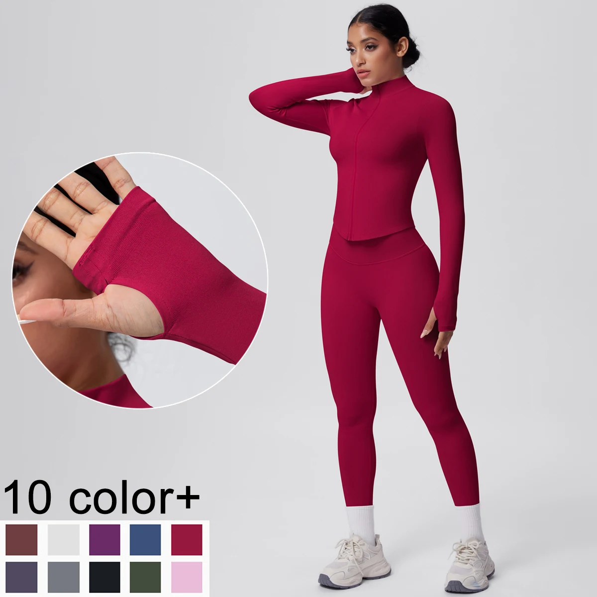 Women Sports Gym Yoga Set High Waisted Peach Buttocks Running Pants Solid Color Slim Casual Yoga Zipper Long Sleeves Yoga Coat