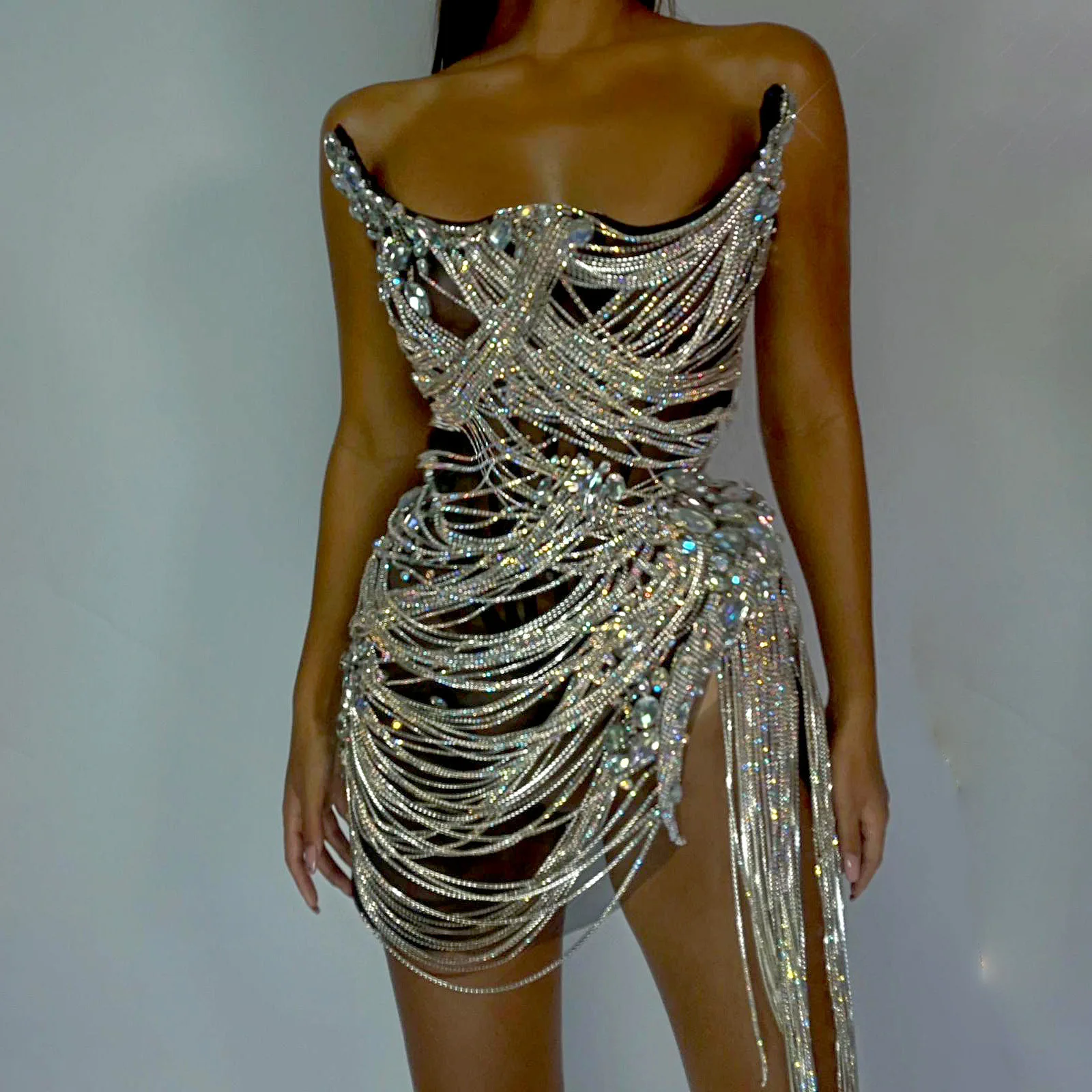 Flashing Diamonds Long Tassels Chain Sexy Strapless Mini Dress Celebrate Birthday Evening Party Nightclub Performance Custome