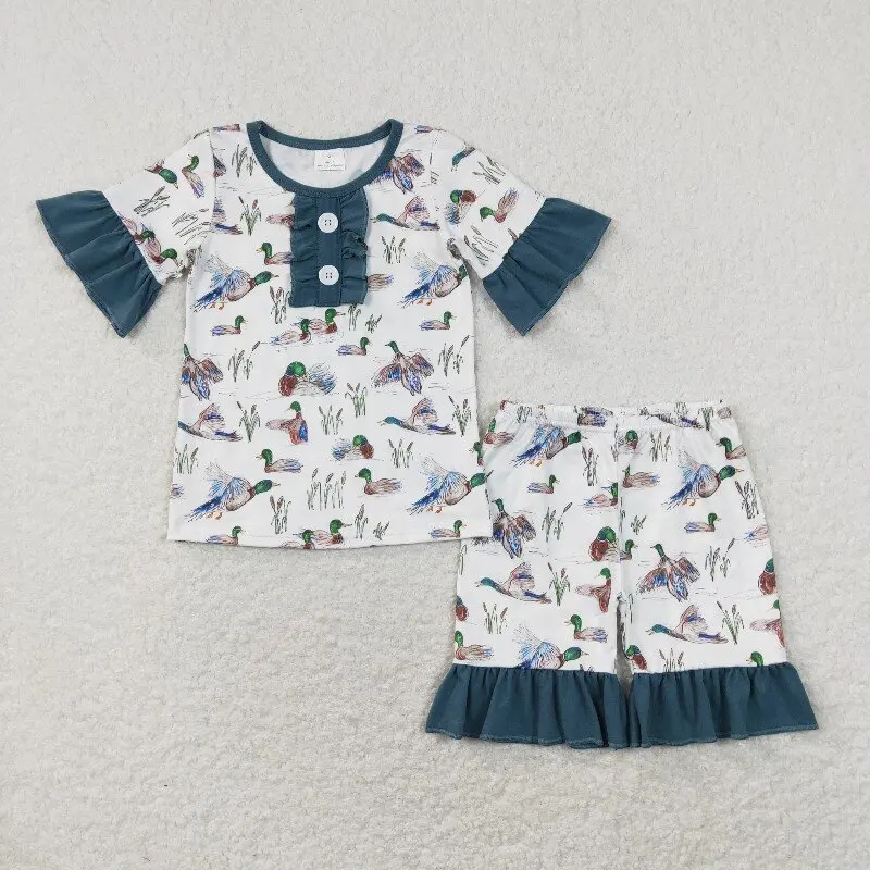 

X12.18 GSSO0548 Hot-selling summer baby girl duck blue and white short-sleeved shorts set