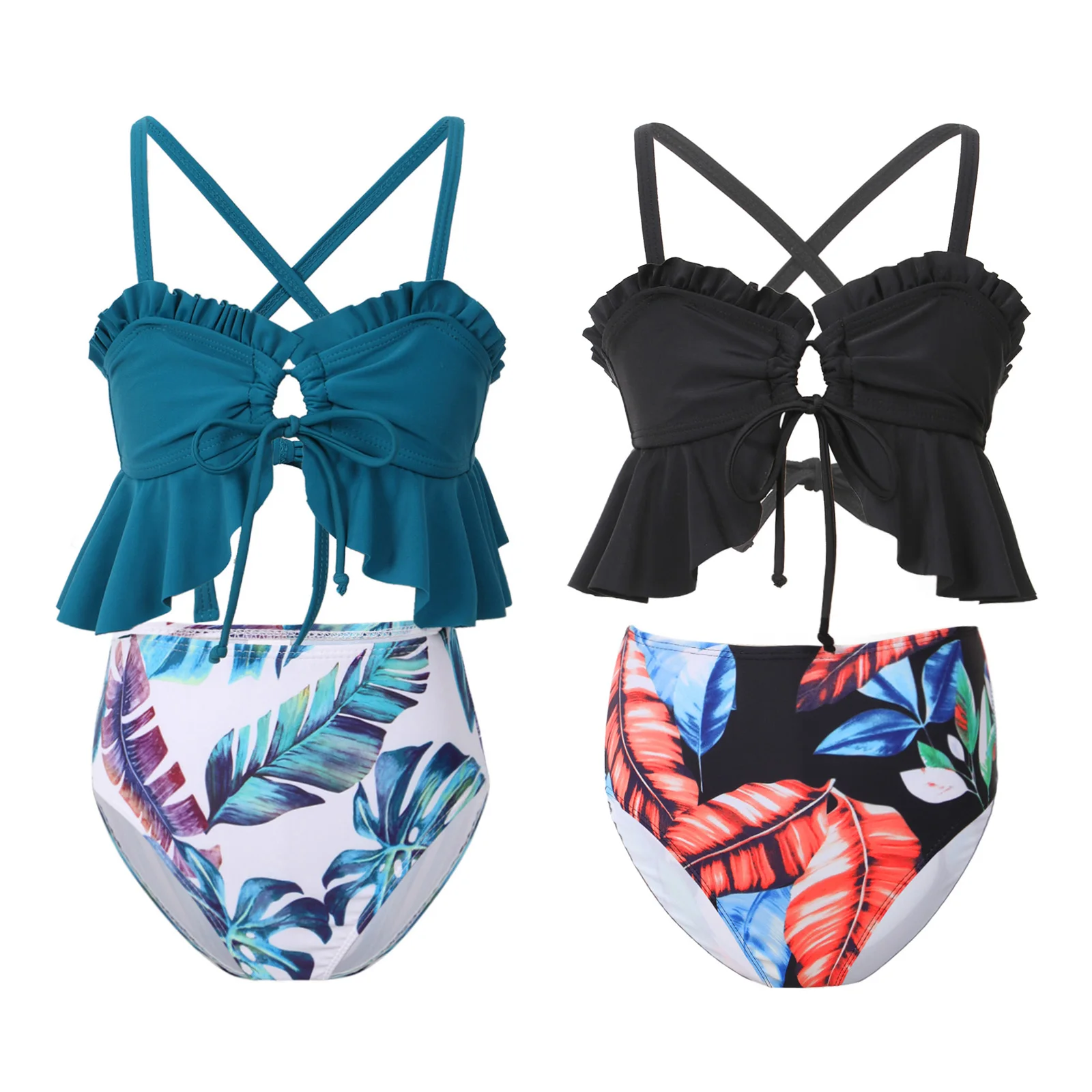 Summer Girls Bikini Set Straps Front Drawstring Back Cross Swim Tops+Shorts Print Bathing Shorts Children New Swimwear Suit