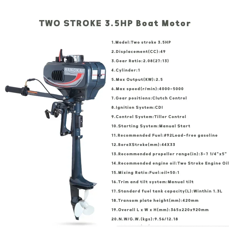 Two Stroke 3.5 HP Boat Motor Suitable 1.75-2.3 M Inflatable Kayak Boat 1-3 Person Canoeing Ship Underwater Motors Accessories