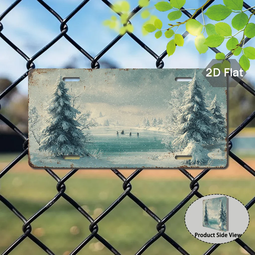 1pc Vintage Winter Lake License Plate Sign - Car Number Plate Frame (29.97cm x 14.99cm) with Snowy Lake & Pine Trees Design, Out