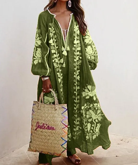 2023 Zomer Nieuwe Mode Retro Print Jurk Voor Vrouwen Casual V-hals Lange Mouwen Trui Losse Jurk Feestelijke Stijl Damesjurk