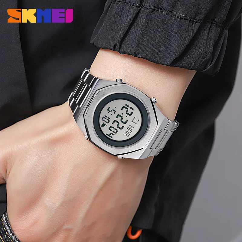 SKMEI Muslim Digital Watchfor Man Qibla Name Display Philgrimage Time Reminder Luxury Stainless Steel Fashion Men\'s Wristwatch