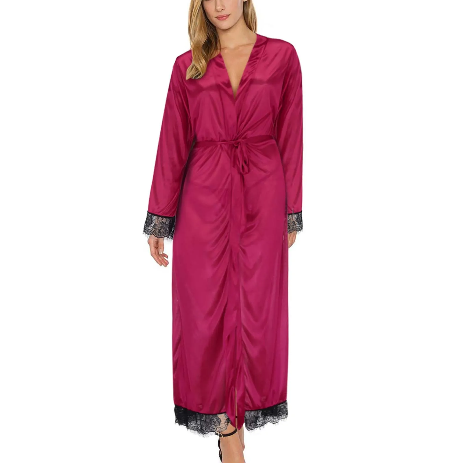 Sexy Silk Kimono Maxi Nightgown With Blet Bath Robe Sleepwear Pajamas Dress Solid Color Long Sleeve V Neck Lace Splice Bathrobe