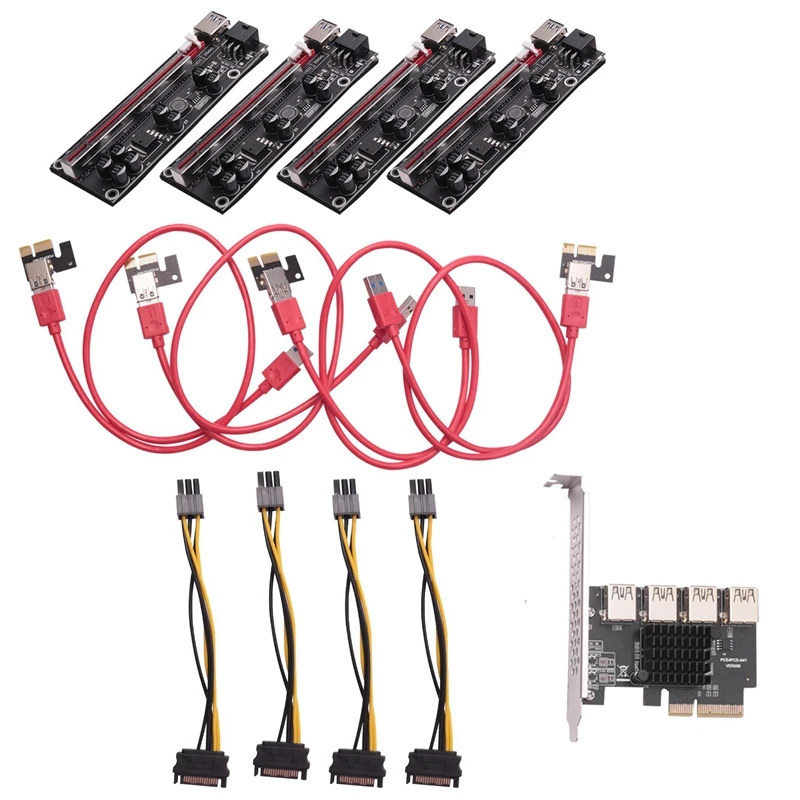 PCIE 4X To 4 Port USB 3.0 PCI-E Riser 4X To16x Expansion Card With PCIE 1 To 4 Riser VER009S PLUS PCI Express Card Set