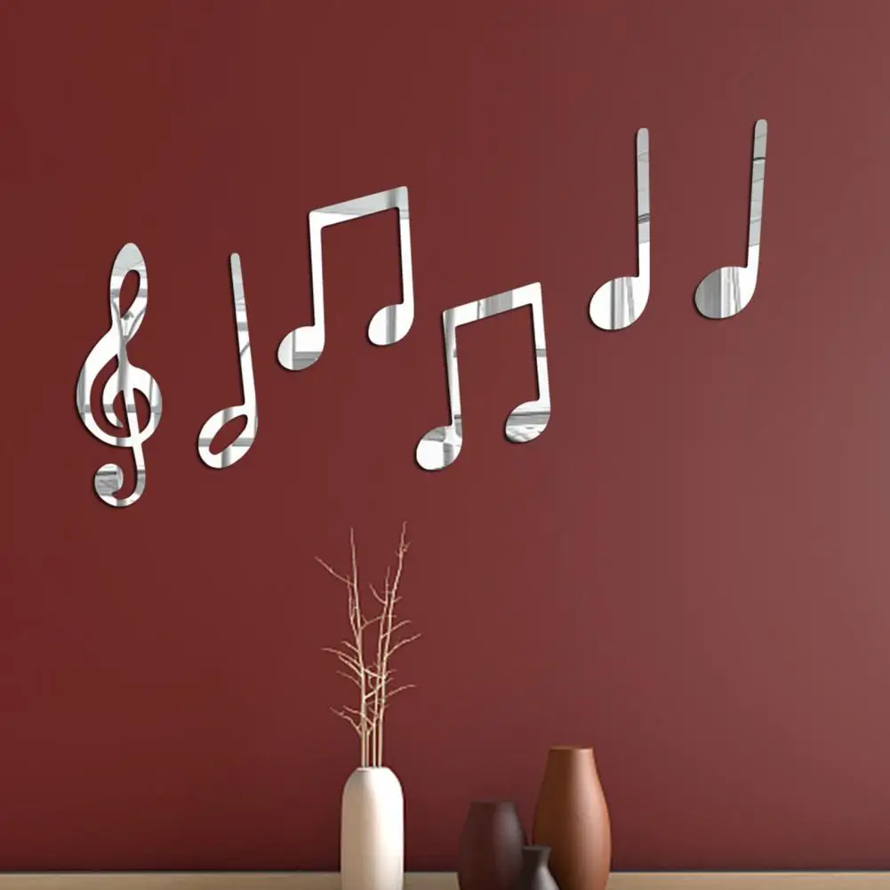 6Pcs Durable Background Sticker Creative Mirror Sticker Smooth Edge Music Note Wall Sticker Wall Art Decor  Ornamental