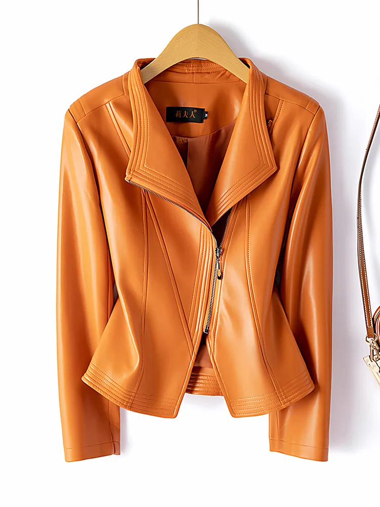 جديد نساء ربيع خريف جلد مقسم سترة موضة ياقة مطوية خصر نحيف سترة غير رسمية بساطة معطف جلدي قصير