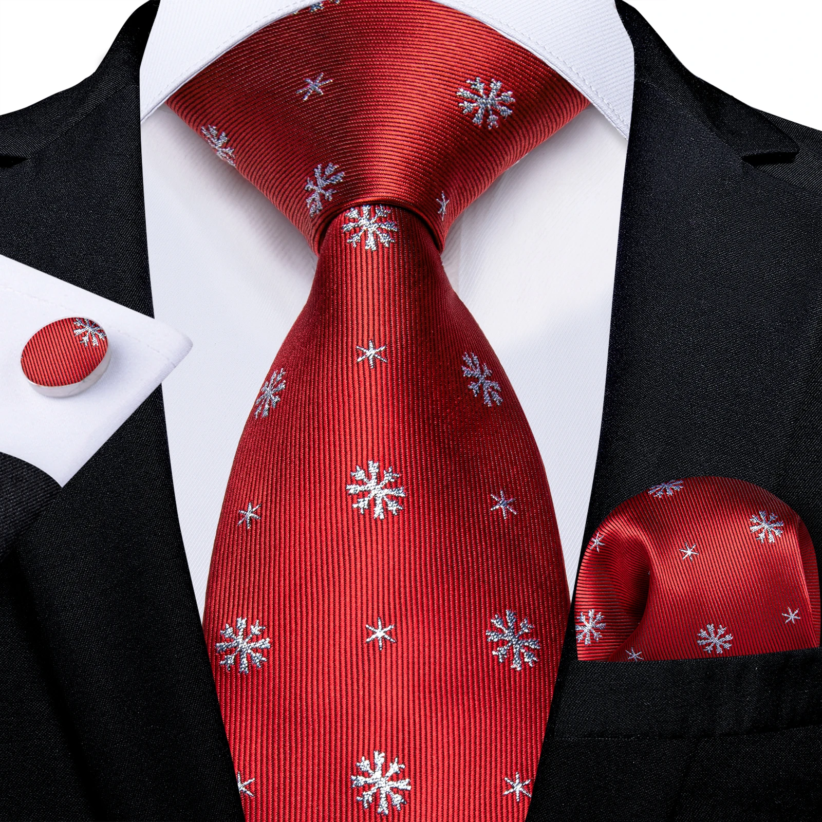 Christmas Snowflake Red Silk Tie Set Pocket Square Cufflinks Wedding Party Men Accessories Gift for Men DiBanGu