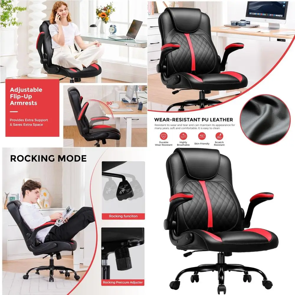 

Ergonomic PU Leather Gaming Chair with Adjustable Height, Lumbar Support, and Flip-Up Arms for Short Adults, Red