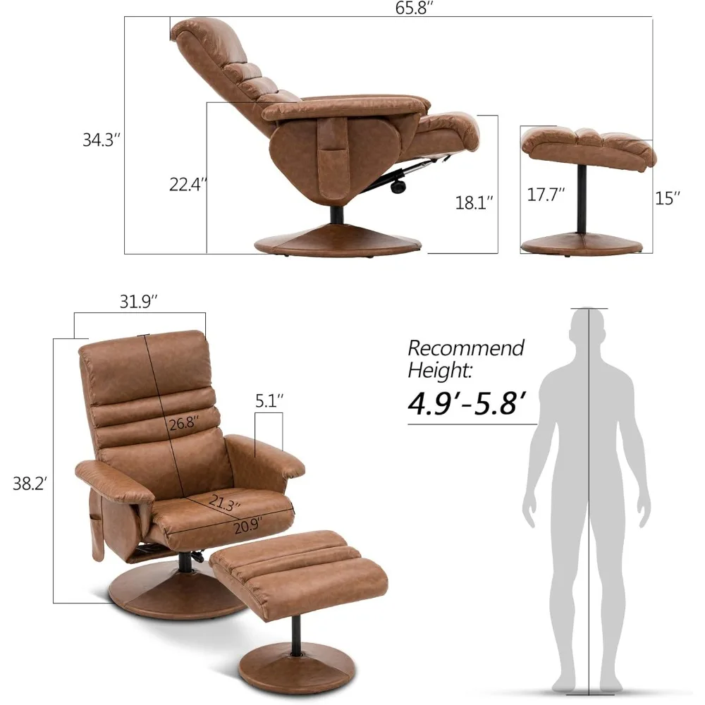 Recliner with Ottoman, Reclining Chair with Massage, 360 Swivel Living Room Chair Faux Leather, Chaise Lounge