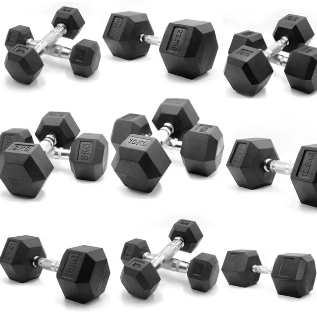 HxG Mancuernas Hexagonales de 2 a 30 kg · Cromadas y Revestidas en Caucho · Pack o Unidad · Ideales para Casa o Gimnasio · Ergonómicas y Polivalentes · Diferentes tamaños disponibles