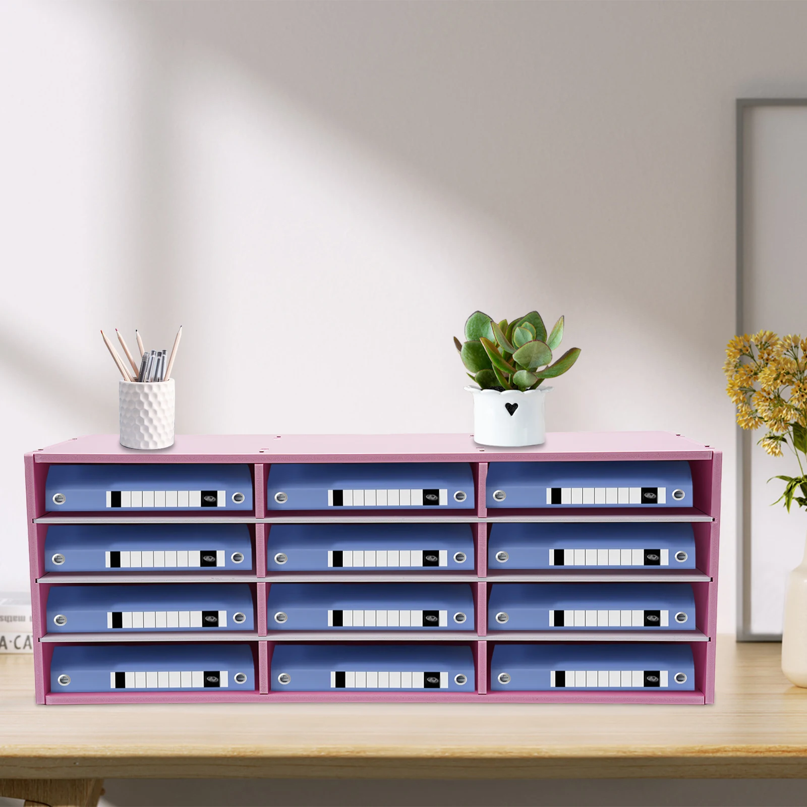 Pink 12-Slot Mail Sorter Organizer(Thickened Material&Rectangular Structure) - Stable Anti-Tipping&Top Platform, Stores Cables