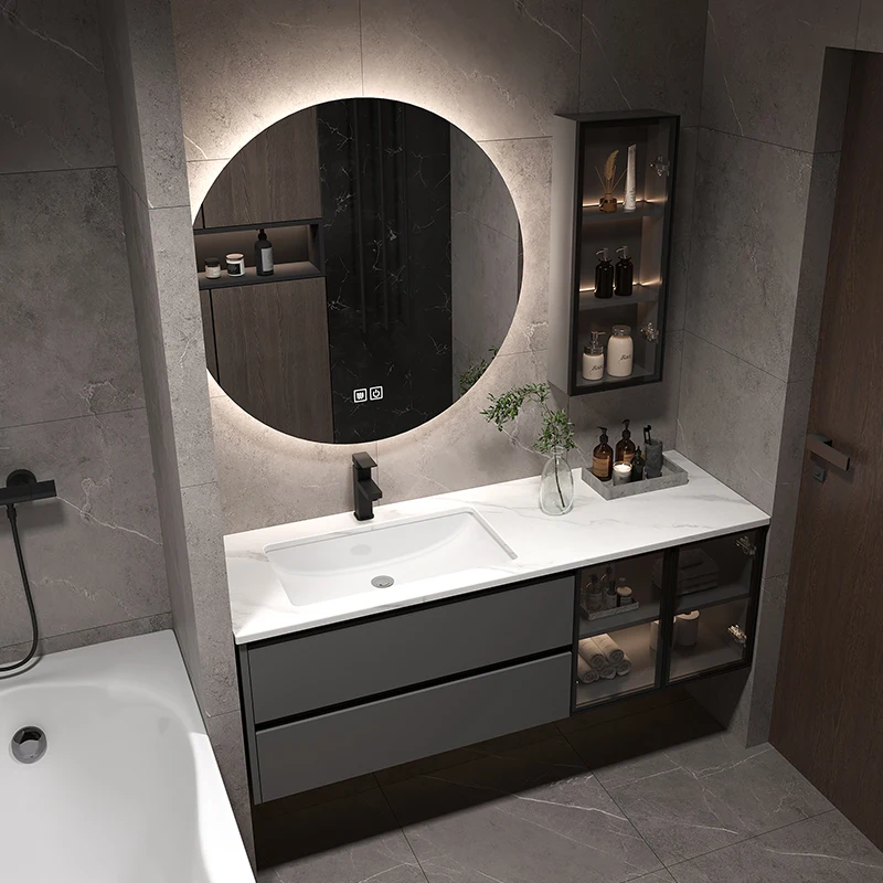 Stone slab seamless integrated basin, bathroom cabinet, combination of light luxury bathroom cabinet, toilet, washbasin,