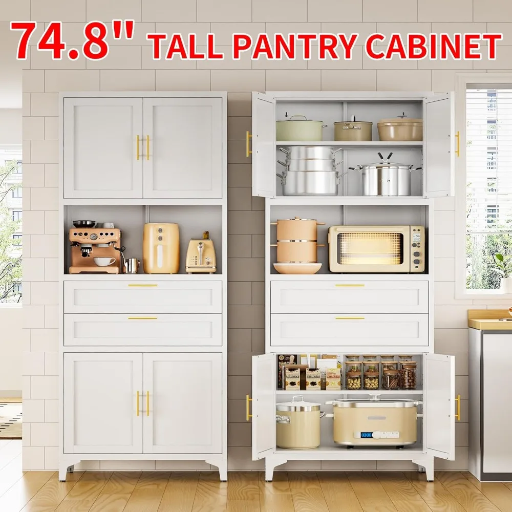 75" Tall Metal Storage Cabinet,Pantry Storage Cabinet with 2 Drawers and Open Space,Kitchen Cupboard with Adjustable Shelves image 3