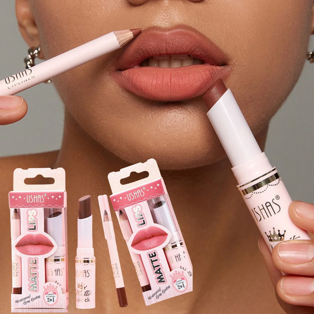 Juego de lápiz labial mate + delineador de labios de 6 colores USHAS, juego colorido de taza antiadherente resistente al agua y al sudor