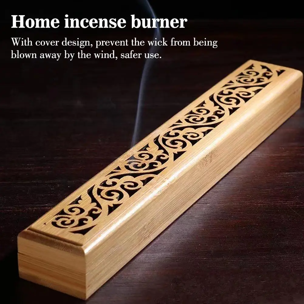 Natural Bamboo Horizontal Burner Box,Hollowed Line Incense Holder with Ash Plate, Aromatherapy Meditation Sleep Relax Decor Gift