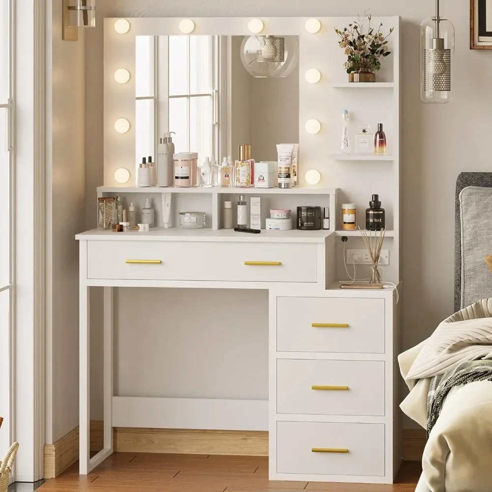 Makeup and dressing table with 10 light bulbs, modern dressing table with mirror, 3 lighting modes, 2 USB ports and sockets