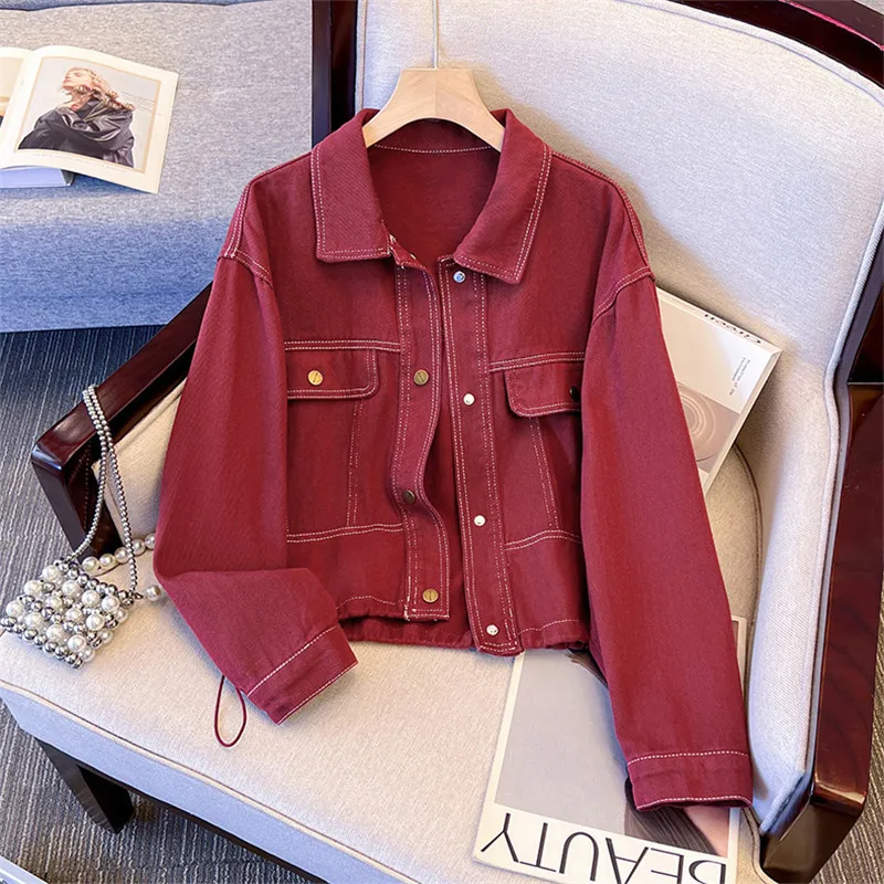 

Корейская повседневная красная короткая джинсовая куртка, весенне-осенняя свободная однобортная джинсовая куртка с отложным воротником и длинными рукавами, женское пальто
