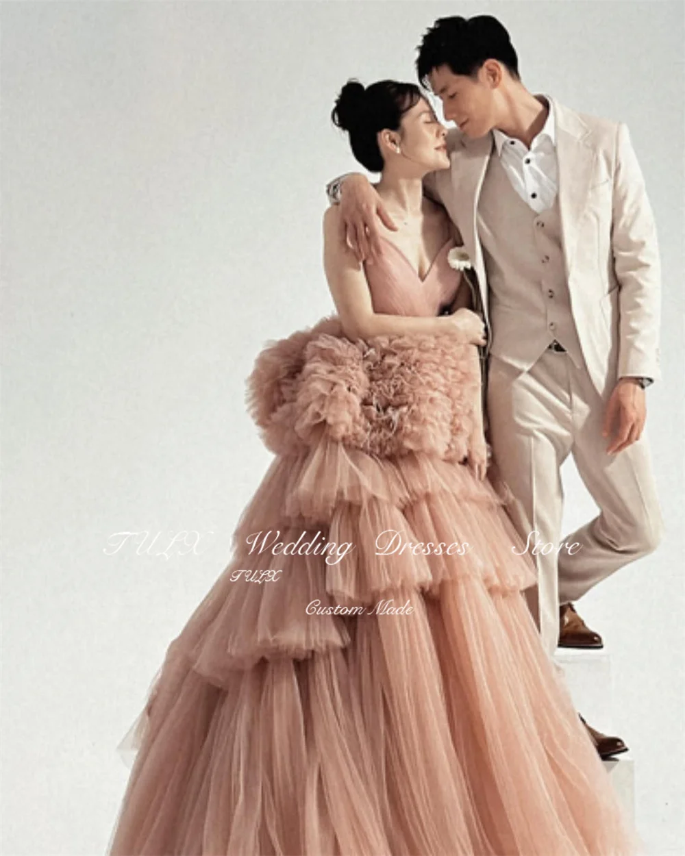 TULX Fairy Tulle Evening Dress Korea Wedding Photo Shoot V Neck Strap A line Long Tiered Bridal Party Dress Corset Customized