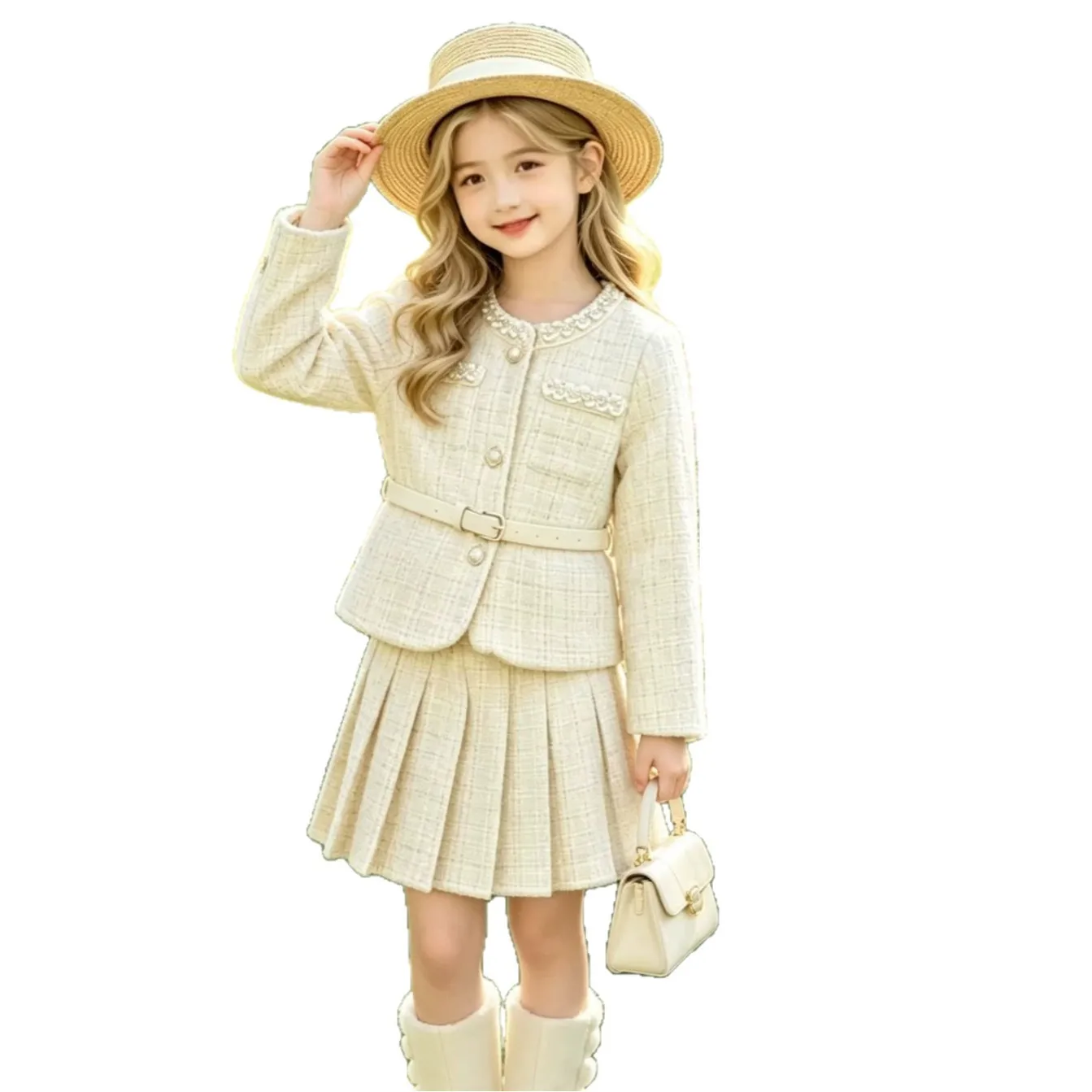 Autumn Children Girls 2PCS Clothes Set RAISE 3-8Yrs Kids Girls Shiny Coat with Belt Suits Ltoddler Girls Pleated Skirts Outfits 5